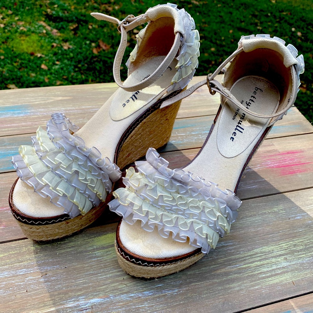 Rare Bettye Muller Espadrilles with Mokuba ribbon, sheer lace ruffles.